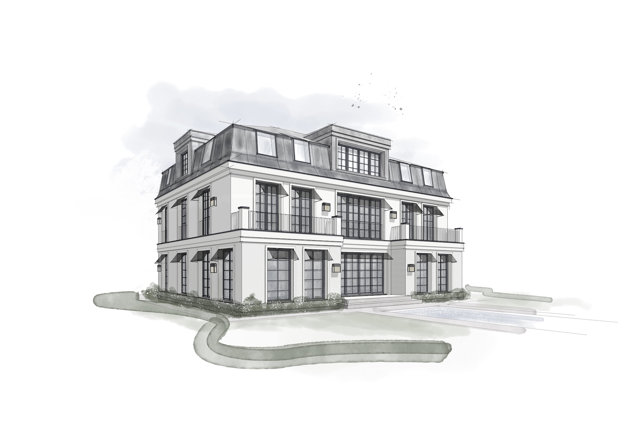 Skizze von Architekt Thomas Mang für eine Luxusimmobilie in Regensburg. Die repräsentative Villa ist als Aquarell gezeichnet.